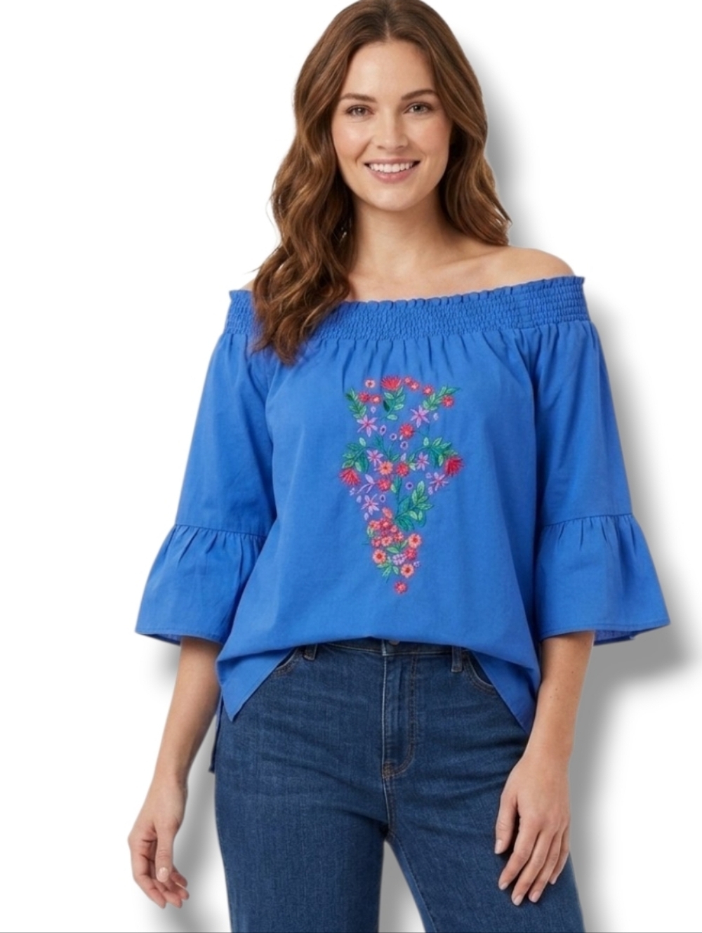 Avon Women’s Blue Boho Embroidered Blouse – Large, Cotton, Short Sleeve, Gently
